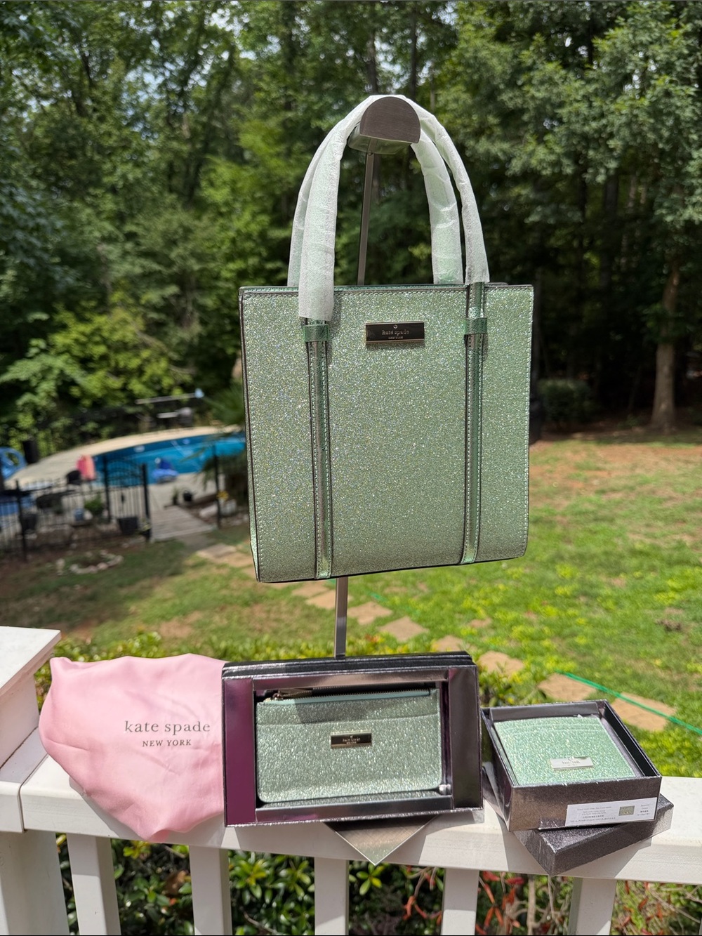 Kate Spade NWT Mini Tote Green Gold Glitter Bag, Wallet, Card Case Retail$580 - Picture 4 of 17